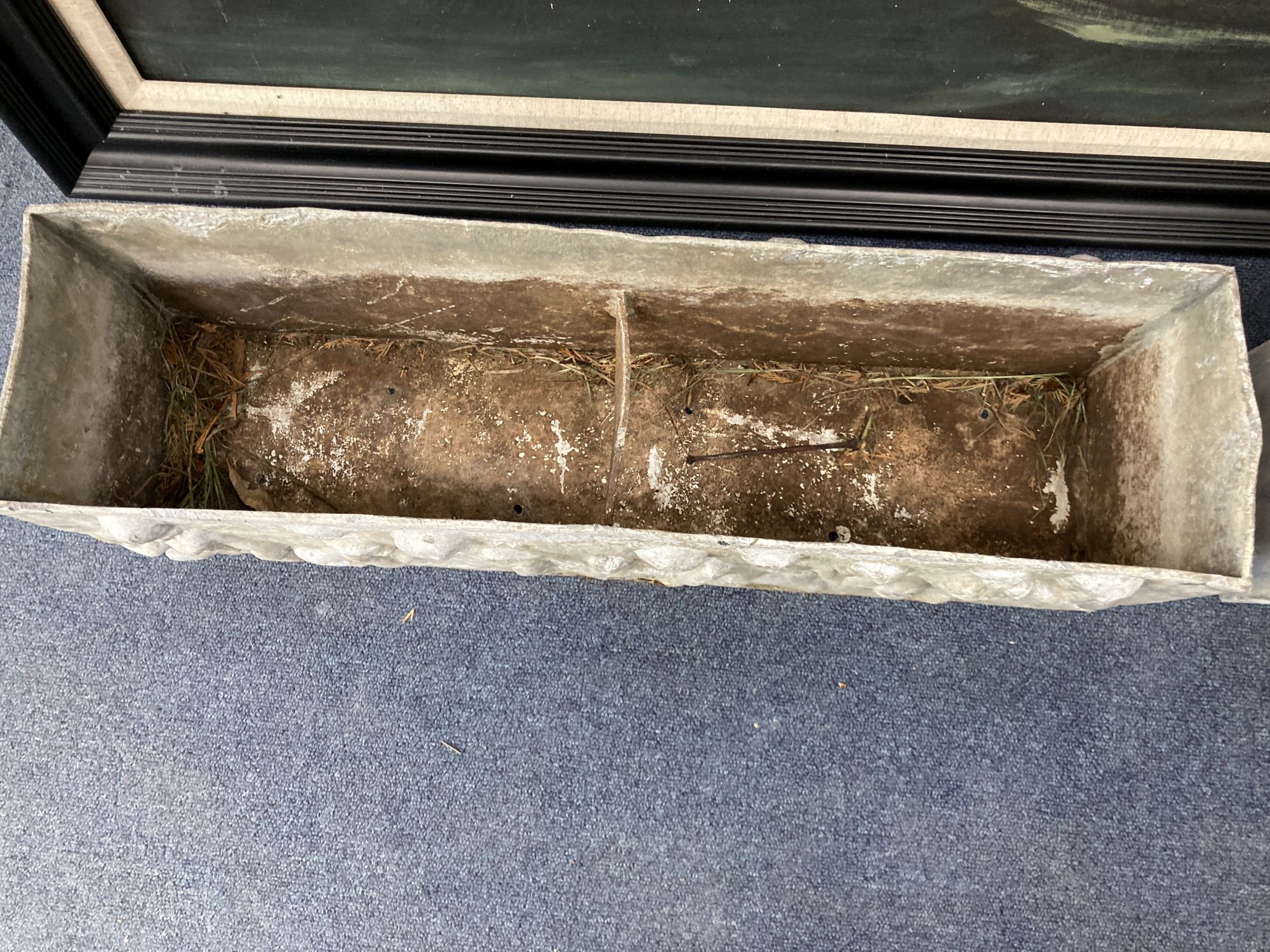 A pair of rectangular lead garden planters, width 68cm, depth 18cm, height 20cm
